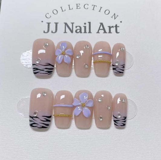 Purple Flower Handmade Press On Nails: Reusable Custom Shape Set
