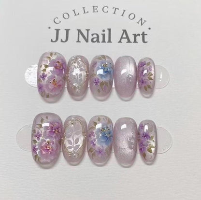 Handpainted Purple Florals Press On Nails: Reusable Set, Cat Eye Design