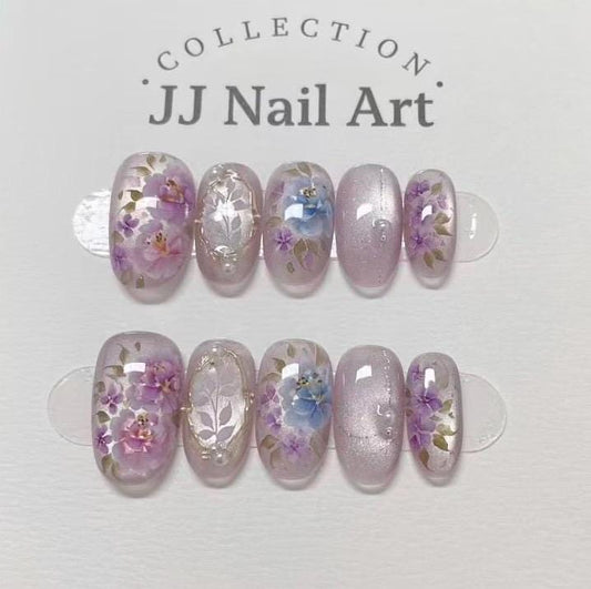 Handpainted Purple Florals Press On Nails: Reusable Set, Cat Eye Design
