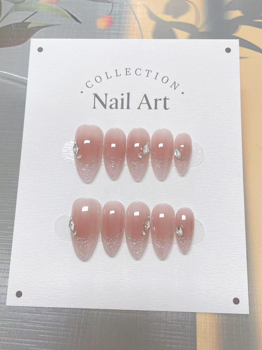 Glitters French Tip Press On Nails: Hand Painted Reusable Artist Faux Nails