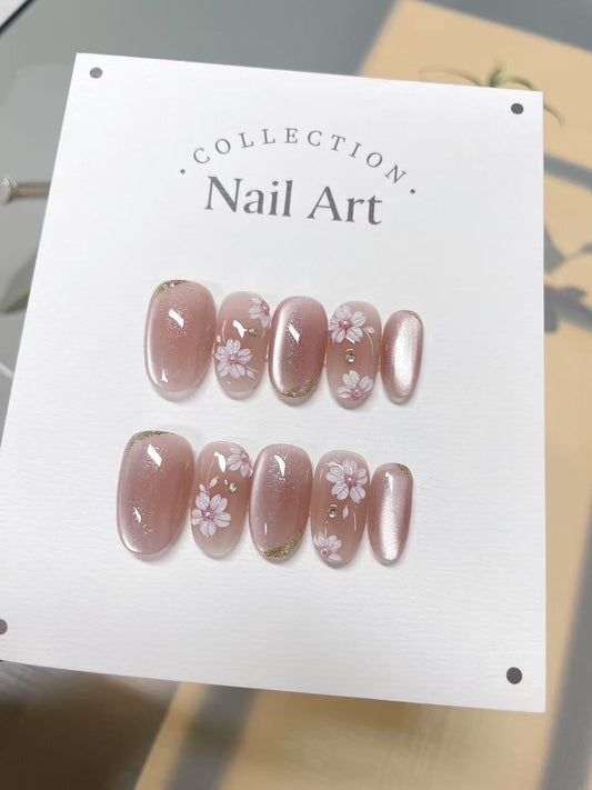 Hand Painted Flower Cat Eye Press On Nails: Reusable Faux Nails