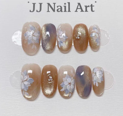 White Petals Smudge Cat Eye Press On Nails: Custom Shape Reusable Nail Set