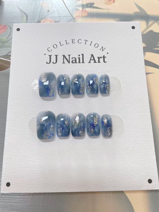 Handmade Blue Smudge Glitters Press On Nails: Reusable Nail Set