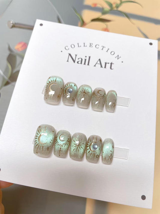 Sun & Moon Press On Nails: Hand Painted Reusable Faux Nails