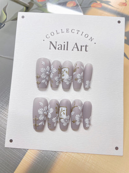 Hand Painted Floral Press On Nails: White Pearl Faux Nails, Reusable
