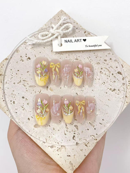 Hand Painted Press On Nails: Colorful Tulips, Yellow Tips