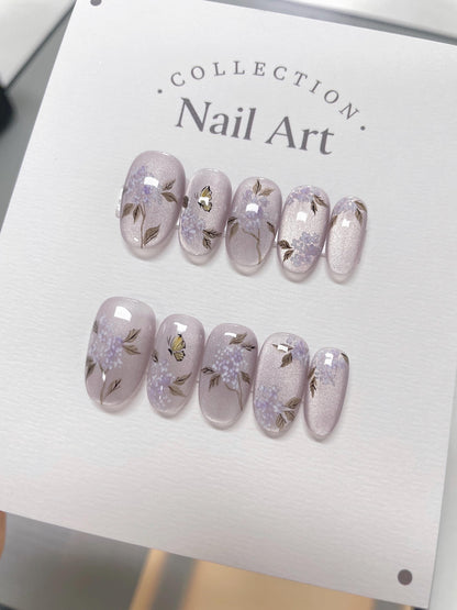 Lavender Butterfly Cat Eye Press On Nails: Hand Painted Reusable Faux Nails
