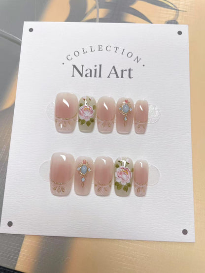 Hand Painted Flower Press On Nails: Reusable Artist Faux Nails