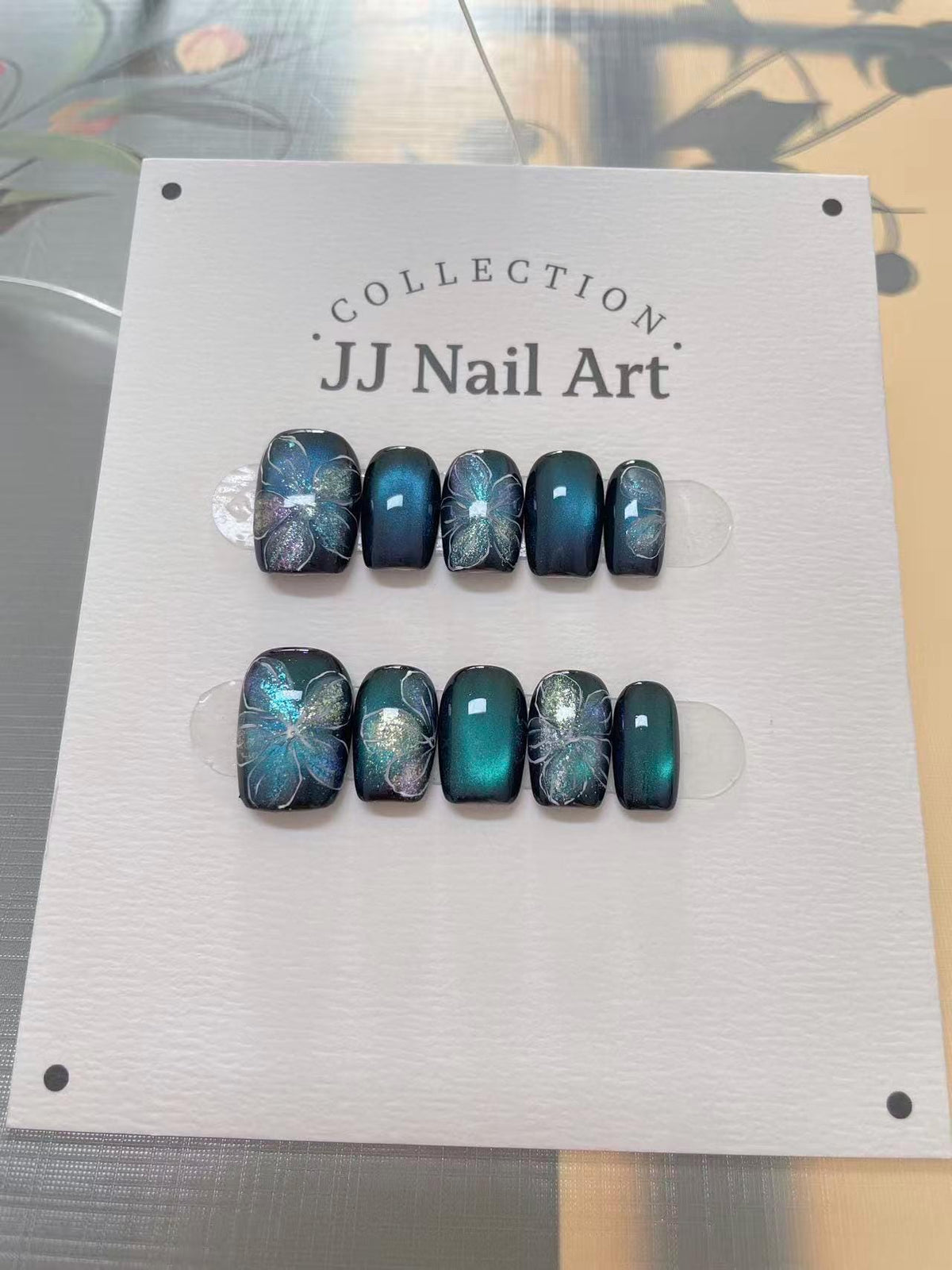 Handmade Blue Petals Cat Eye Press On Nails: Custom Shape Reusable Set