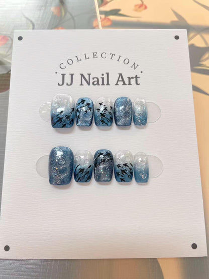 A School Of Fish Hand Painted Press On Nails: Custom Shape Reusable Nail Set