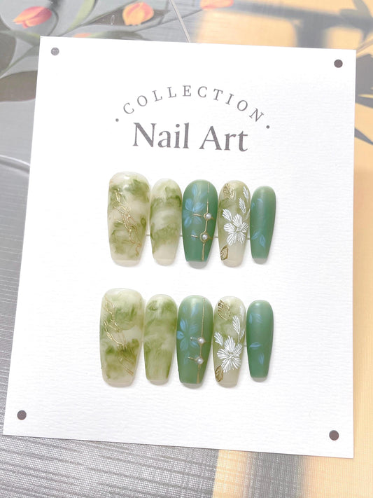 Hand Painted Green Smudge Press On Nails: Floral Artist Faux Nails