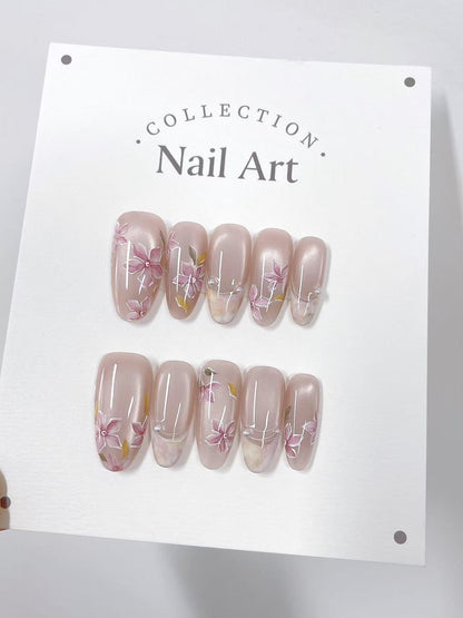 Pink Lilies Press On Nails: Hand Painted Reusable Faux Nails