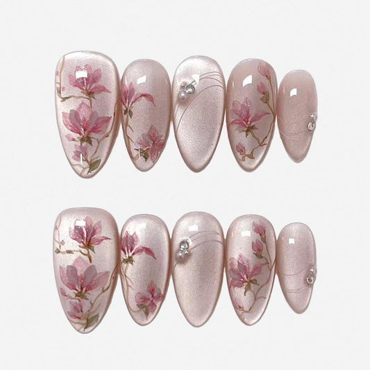 Hand Painted Press On Nails: Pink Flowers Cat Eye, Reusable Faux Nails