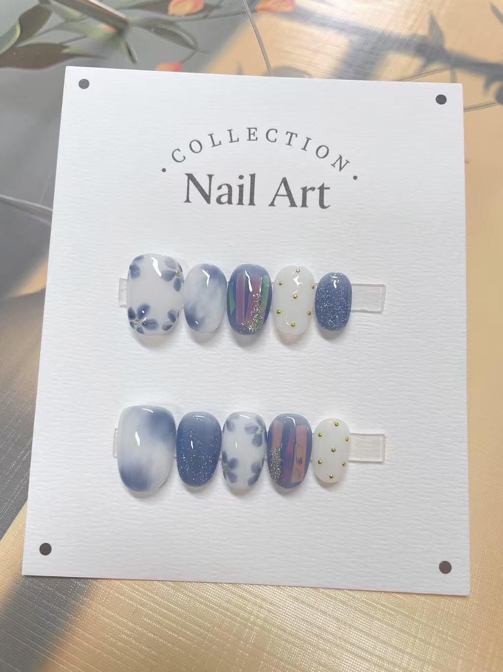 Aurora Blue Floral Press On Nails: Hand Painted Reusable Faux Nails