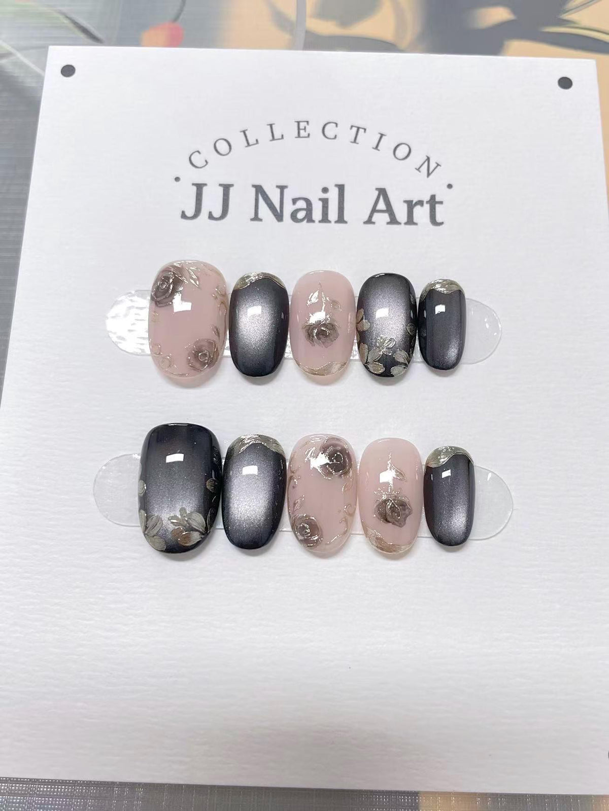 Custom Shape Hand Painted Press On Nails: Cat Eye with Roses Reusable Nail Set