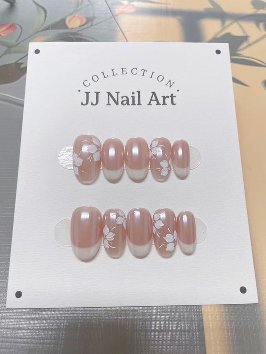 White French With Petals Press On Nails: Hand Painted Reusable Fake Nails