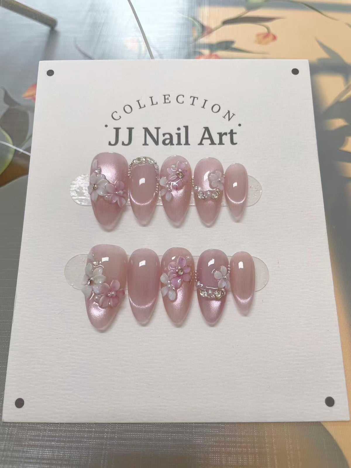 Handpainted Pink Cat Eye Petals  Press On Nails: 3D Floral Reusable Set