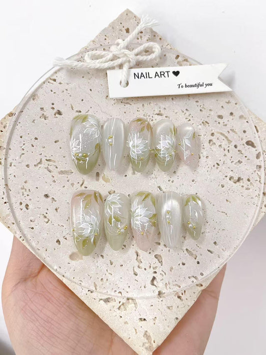 Lotus Pond Cat Eye Press On Nails: Hand-Painted Reusable Faux Nails