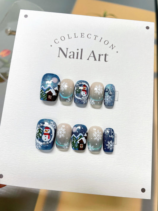Cute Snowman Cat Eye Christmas Press on Nails, Customized Hand Painted Fake Nails, Colorful Nails, Artist Faux Nails, Reusable Premium Nails