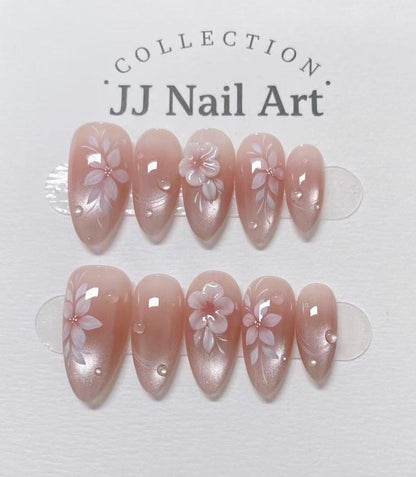 Handmade 3D Pink Flowers Cat Eye Press On Nails: Reusable Set