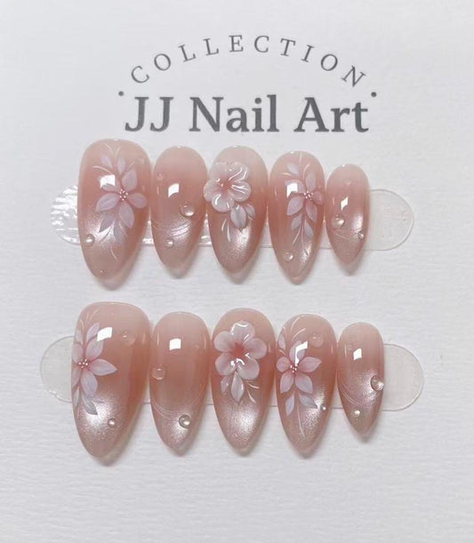 Handmade 3D Pink Flowers Cat Eye Press On Nails: Reusable Set