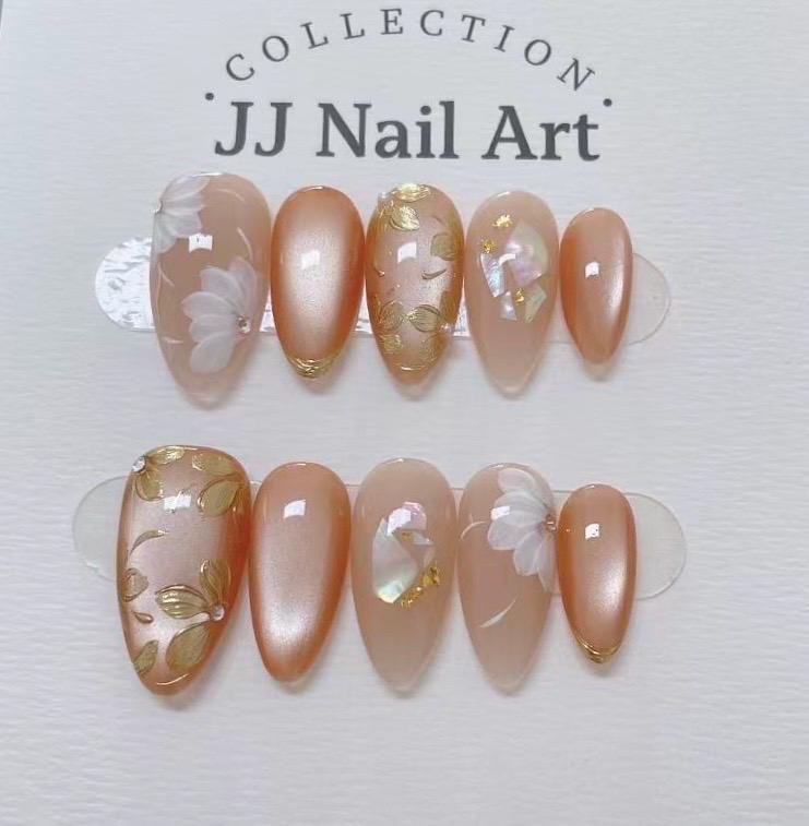 Peach Cat Eye Handmade Press On Nails: Custom Shape Reusable Set
