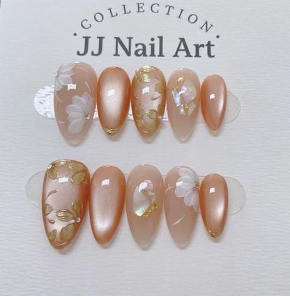 Peach Cat Eye Handmade Press On Nails: Custom Shape Reusable Set