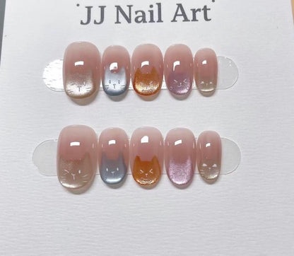 Colorful Cats Hand Painted Press On Nails: Custom Shape Reusable Nail Set