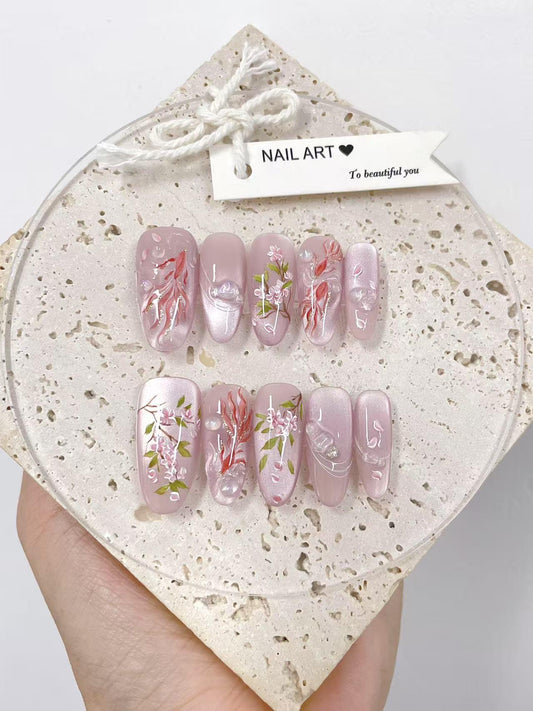 Hand Painted Press On Nails: Pretty Fish Flowers, Reusable Fake Nails