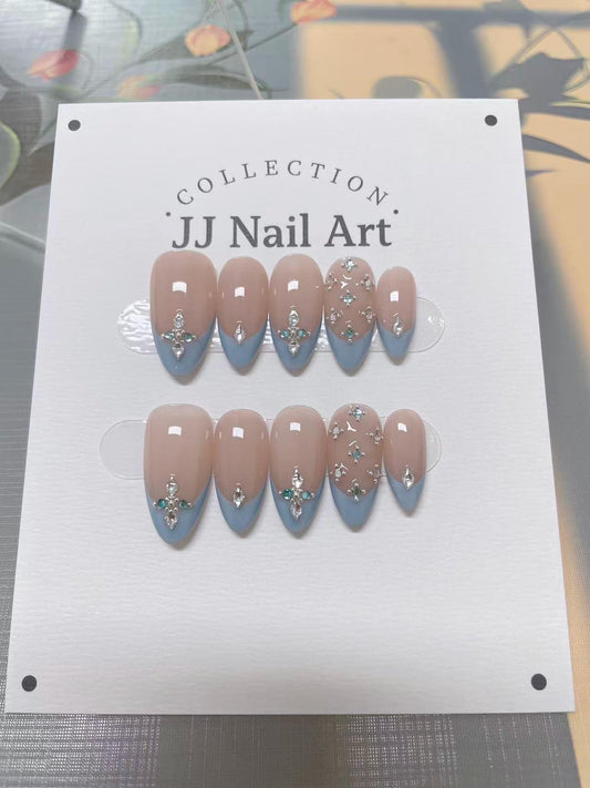 Gems Blue French Hand Painted Press On Nails: Custom Shape Reusable Nail Set