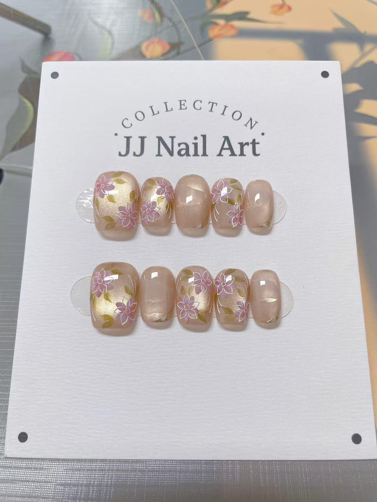 Pink Flowers Cat Eye Press On Nails: Custom Shape Reusable Set