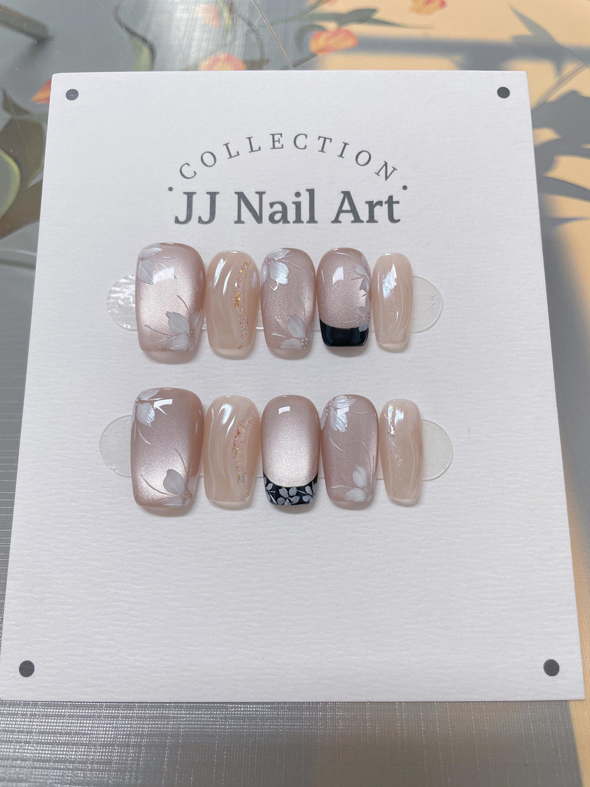 Handmade Cat Eye Press On Nails: Floral French Reusable Set