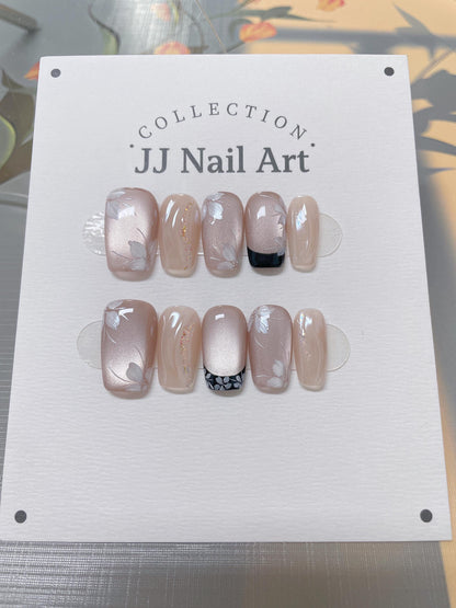 Handmade Cat Eye Press On Nails: Floral French Reusable Set