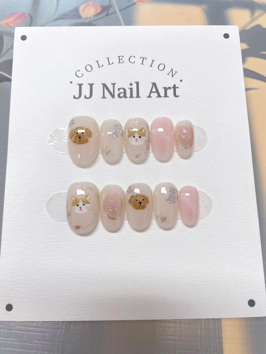 Cats And Dogs Hand Painted Press On Nails: Custom Shape Reusable Nail Set