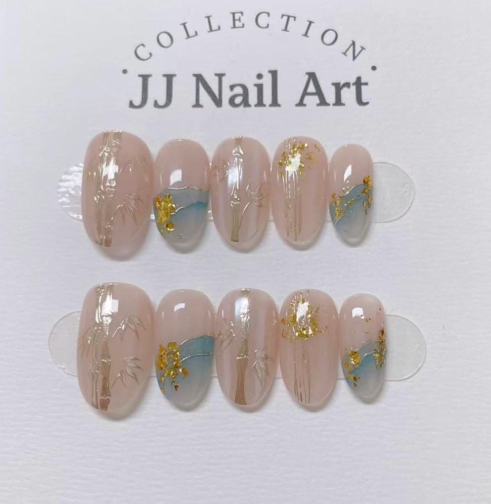 Gold Bamboos Press On Nails: Custom Shape Reusable Set
