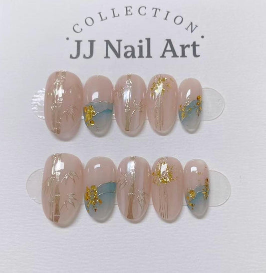 Gold Bamboos Press On Nails: Custom Shape Reusable Set