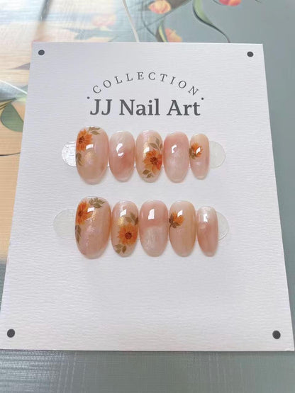 Handmade Orange Flowers Press On Nails: Reusable Set