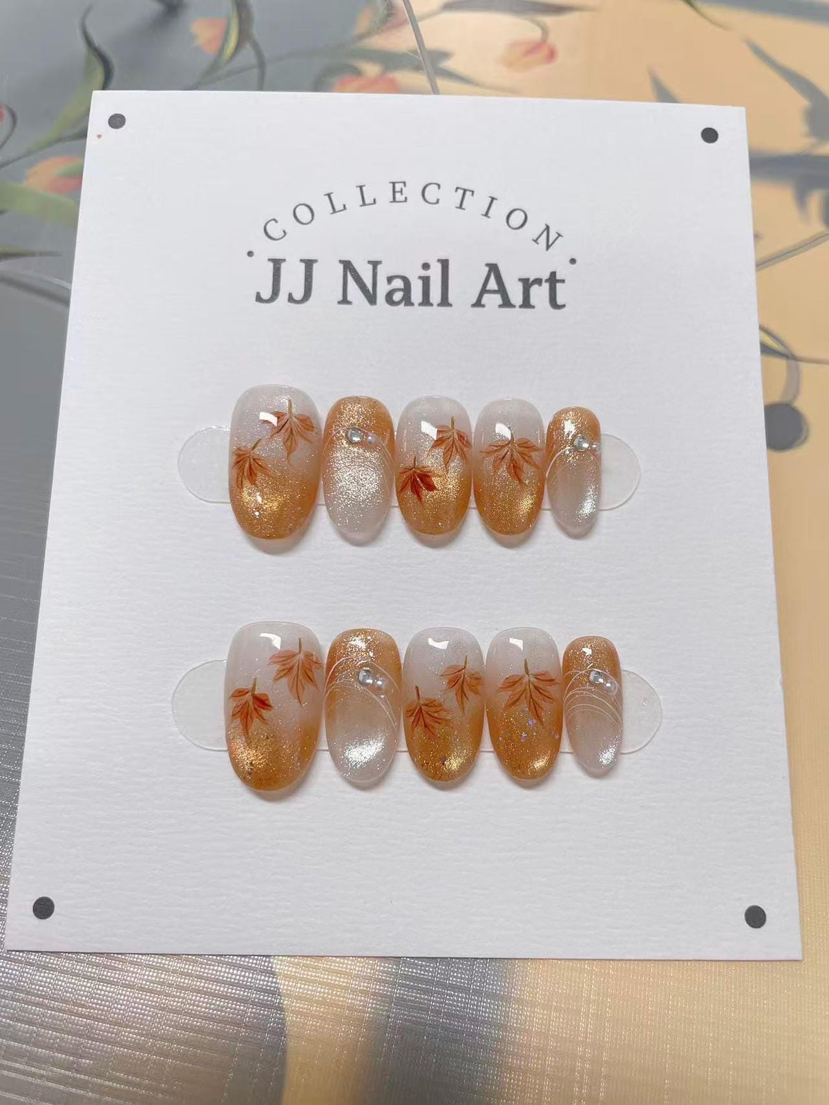 Ombre Fall Leaves Hand Painted Cat Eye Press On Nails: Custom Shape, Reusable