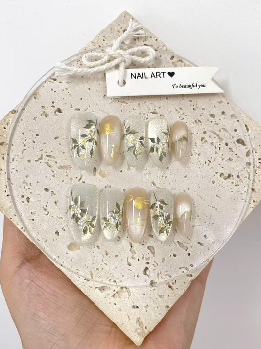 Gold Moon Press On Nails: White Flower Hand-Painted Faux Nails
