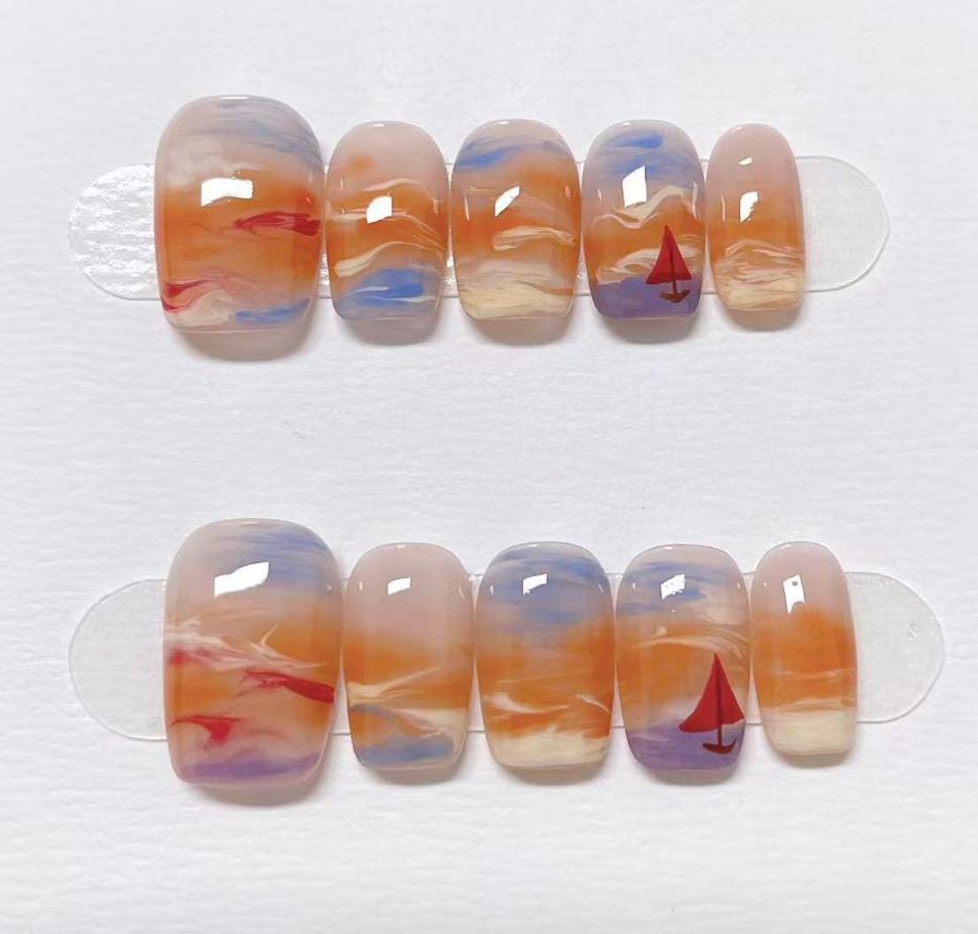 Custom Shape Press On Nails: Smudge Sunset Hand Painted, Reusable Fake Nails