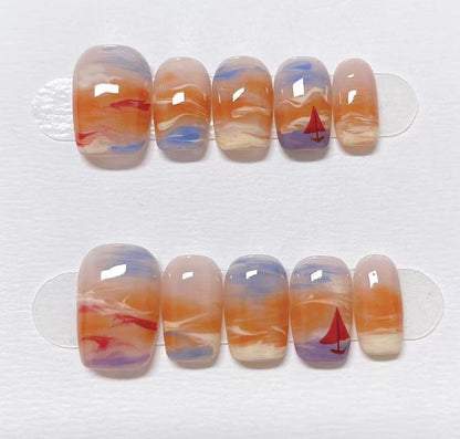 Custom Shape Press On Nails: Smudge Sunset Hand Painted, Reusable Fake Nails