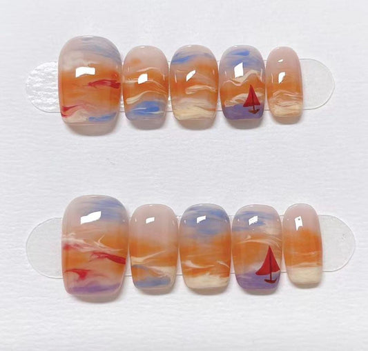 Custom Shape Press On Nails: Smudge Sunset Hand Painted, Reusable Fake Nails