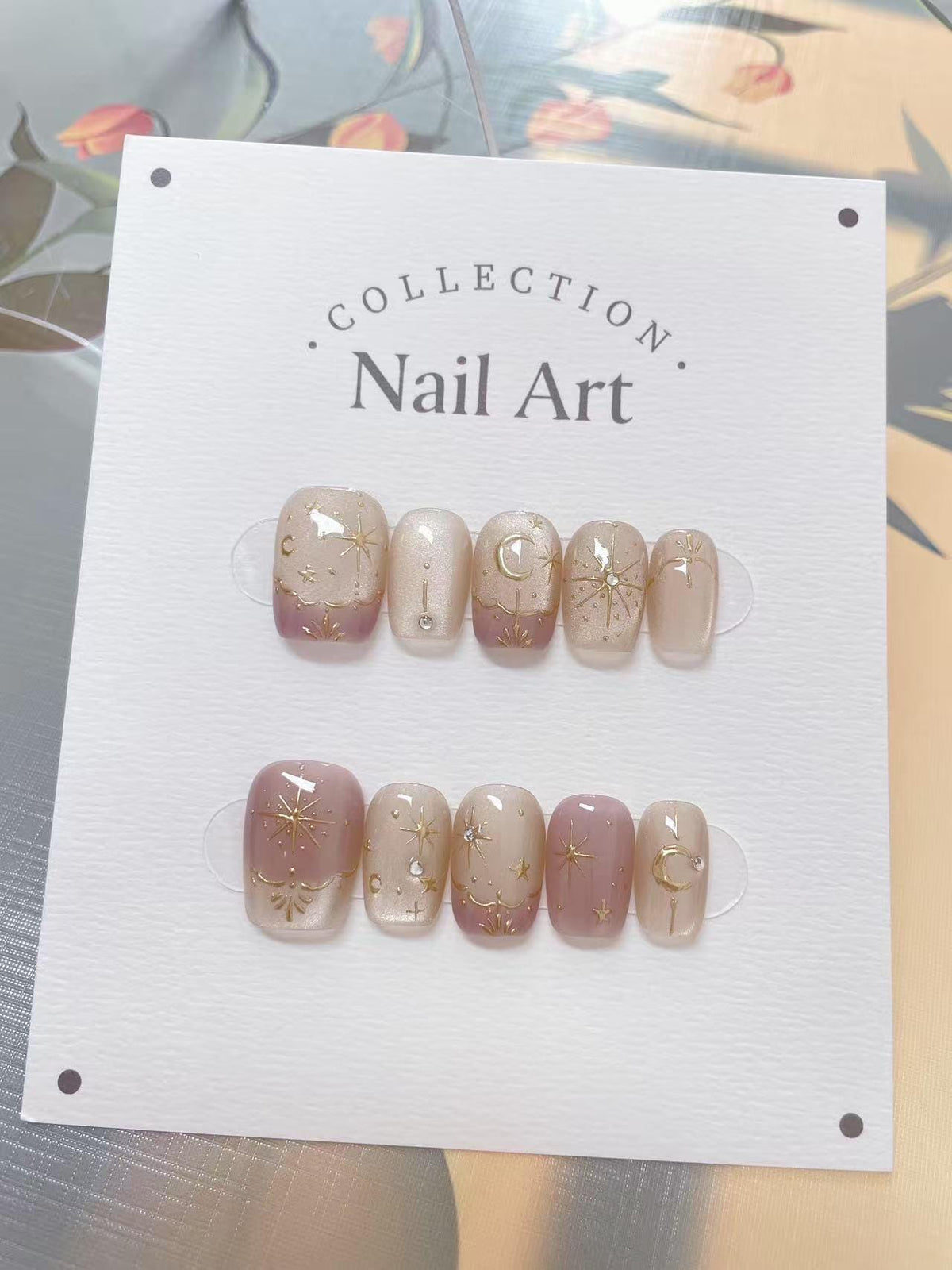 Hand Painted Press On Nails: Light Pink Moon & Stars, Reusable Faux Nails