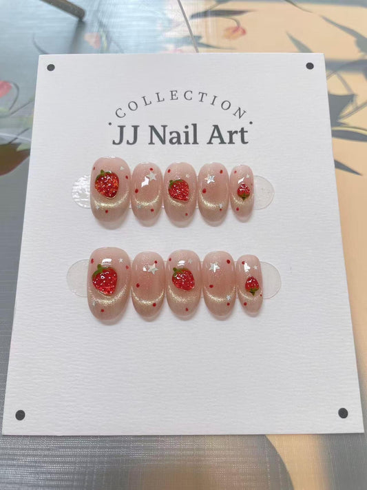 Handmade 3D Strawberries Cat Eye Press On Nails: Floral French Reusable Set