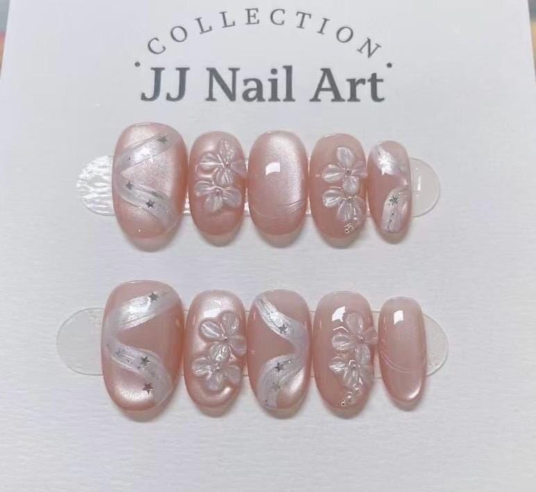 Handmade 3D Petals Ribbon Press On Nails: Reusable Set