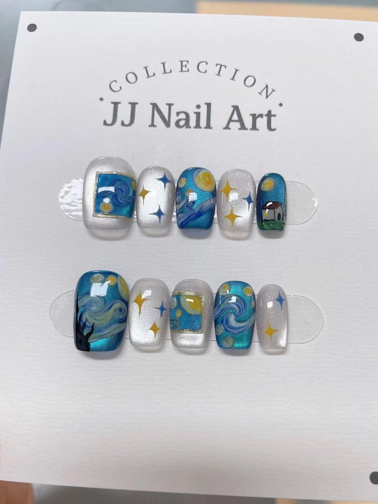 Impressive Painting Cat Eye Press On Nails: Hand Painted Reusable Custom Shape Nails