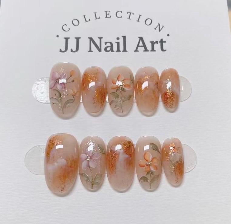 Handmade Orange Flowers Smudge Press On Nails: Reusable Set