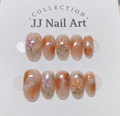 Handmade Orange Flowers Smudge Press On Nails: Reusable Set