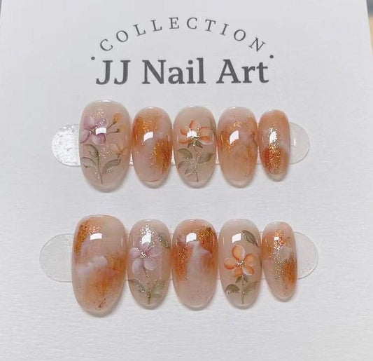 Handmade Orange Flowers Smudge Press On Nails: Reusable Set