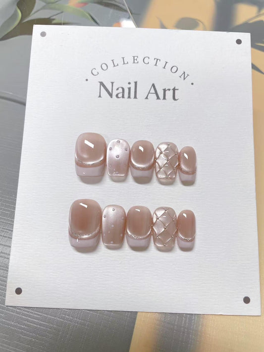 Hand Painted Cat Eye Press On Nails: Beaded French Tip, Reusable Faux Nails